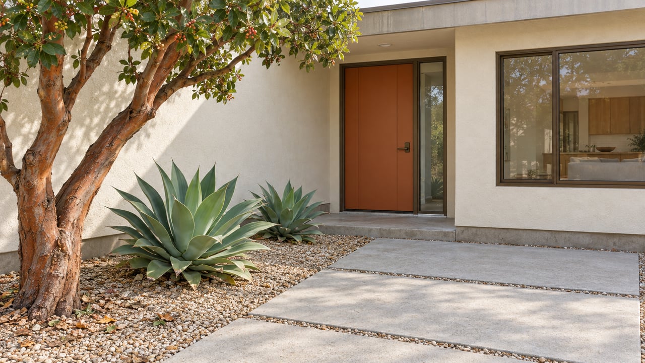 A concrete garden approach passes sculptural agaves and a branching tree toward a burnt-orange door in an ivory stucco home.