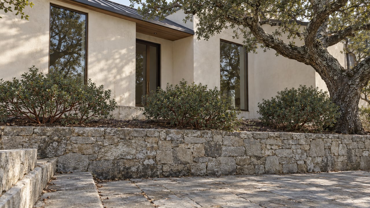 Detached plaster house with bronze-framed windows above a stone terrace, shaded by an oak and red-stemmed shrubs.