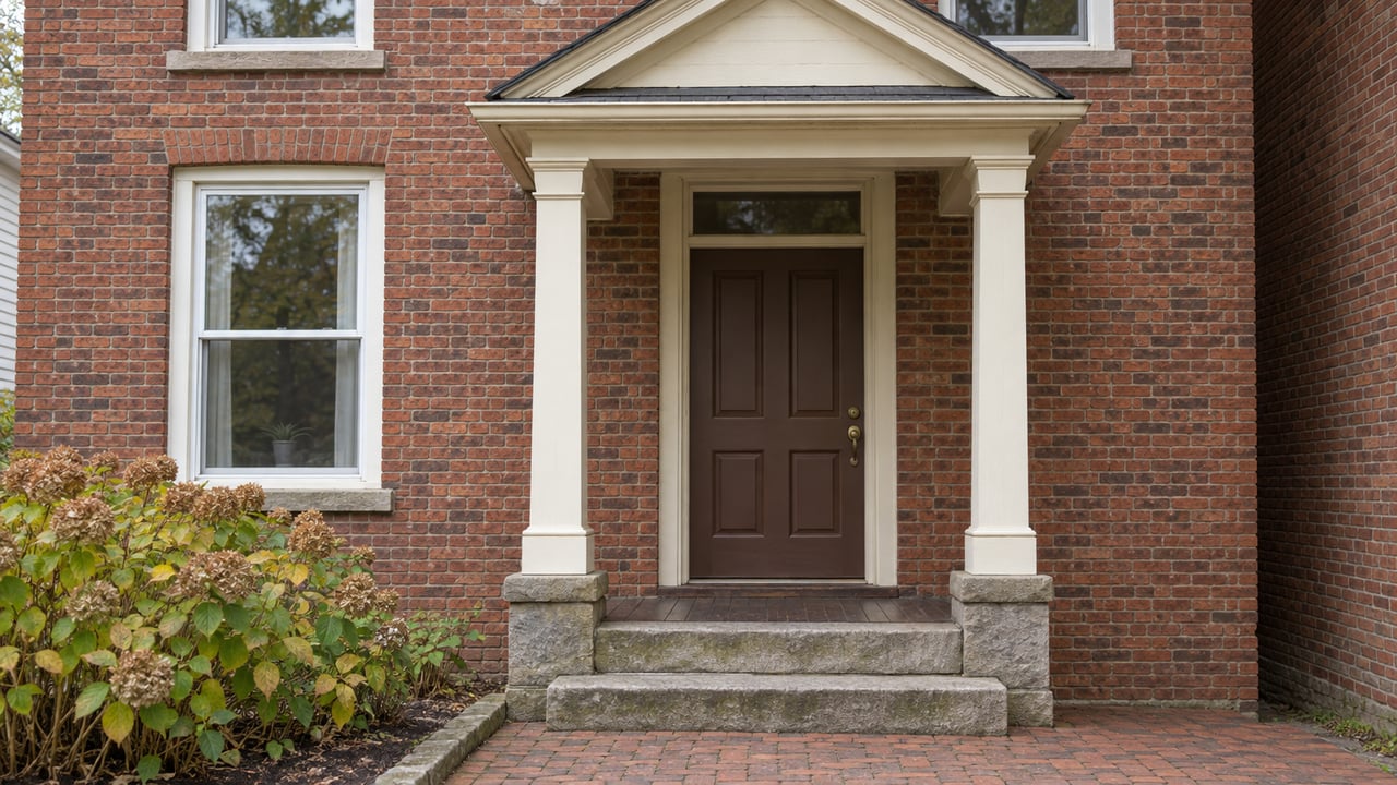 Close view of an older red-brick home's ivory-painted porch, brown front door, sandstone steps and hydrangea bed.