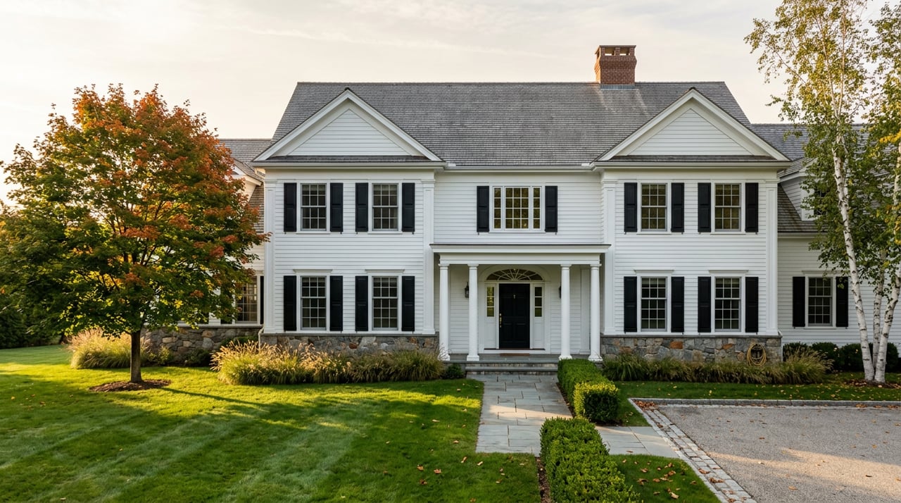 White clapboard house with columned entry, deep lawn, curved driveway, and an orange-red maple casting long shadows.