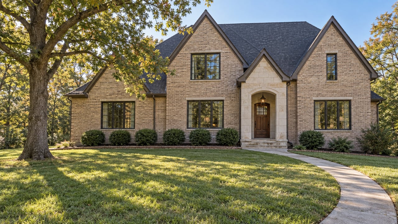 A brick and limestone home with steep gables sits beyond a broad autumn lawn beside a mature oak, with a curved concrete entry walk.