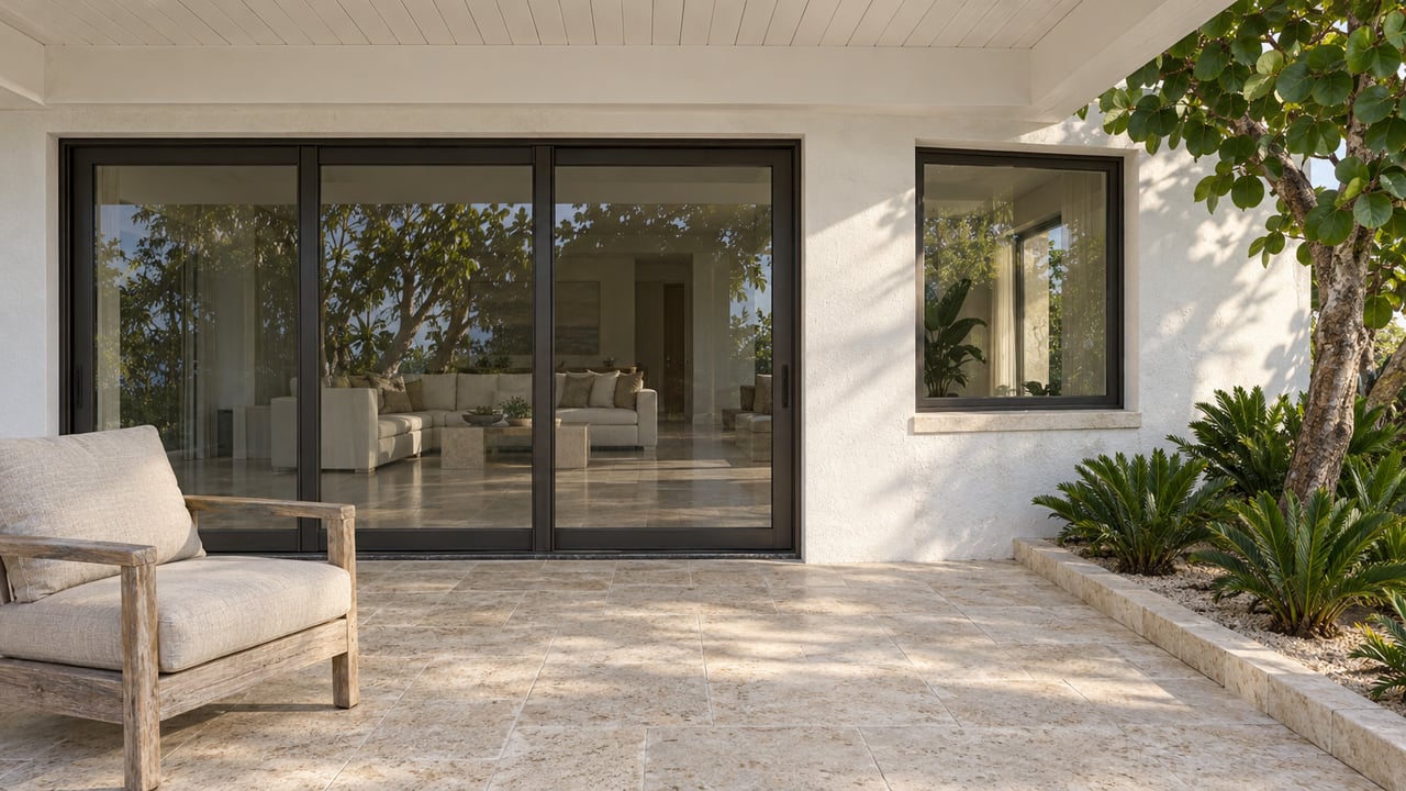 Sheltered limestone terrace with a weathered teak chair, white stucco walls and bronze-framed glass doors beside sculptural coastal planting.