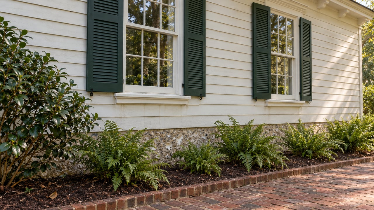 White clapboard home with green shutters, shell-aggregate foundation and a brick garden path beside camellia and ferns.