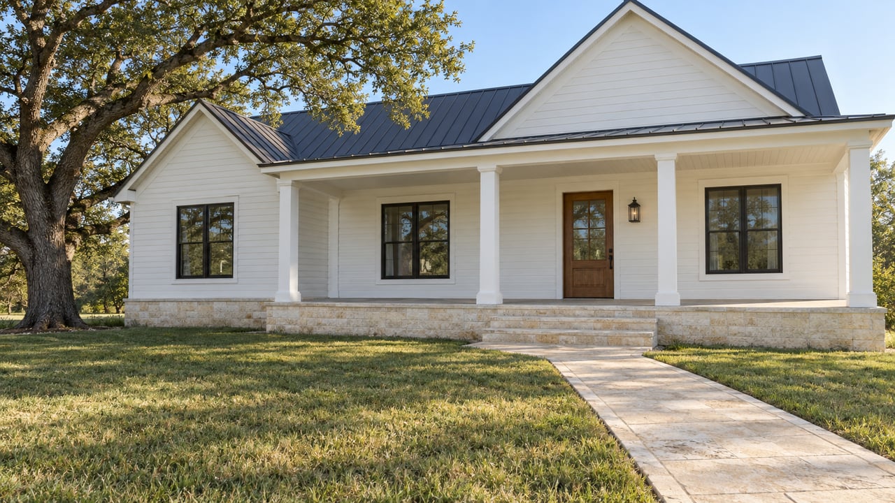 White gabled house with a covered porch, limestone approach and spreading oak beside a deep front lawn in morning light.