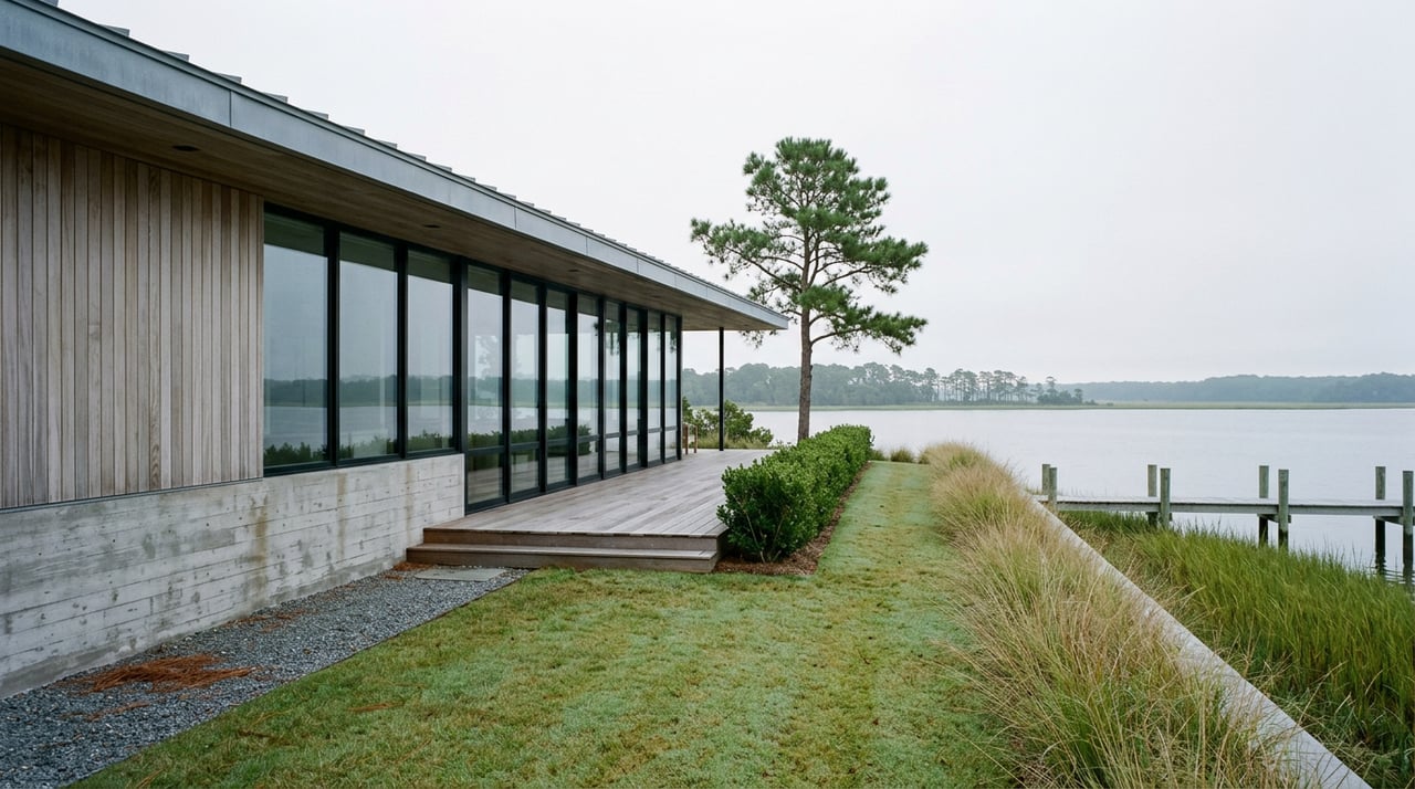 Contemporary waterfront home with silvered cedar siding, lawn, marsh grasses, and a dock beside calm water.