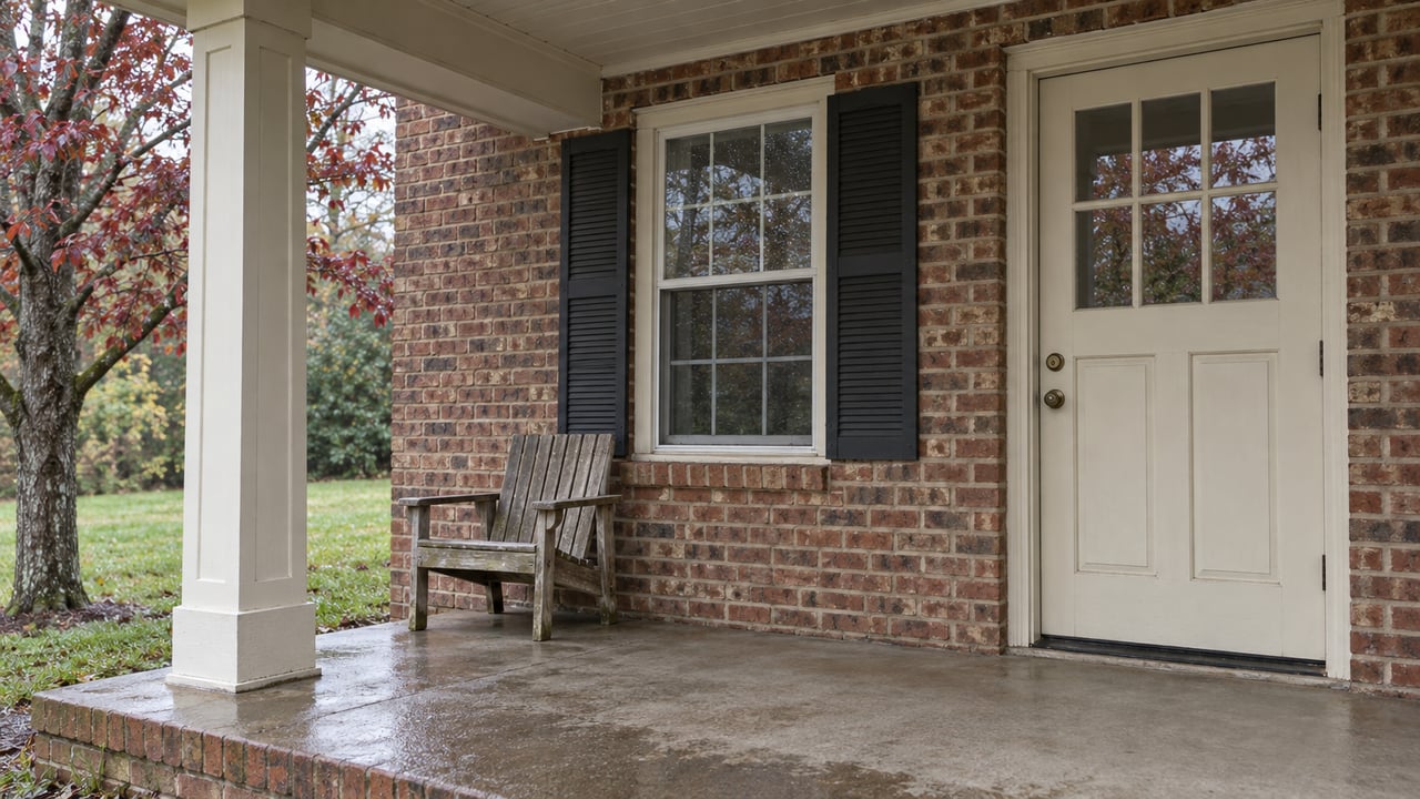 A brick home's covered porch with an ivory front door, black-shuttered window and weathered wooden chair beside a rain-darkened lawn.
