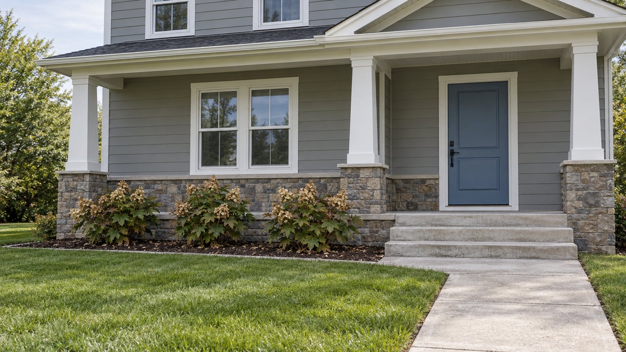 Gray lap-sided home with a blue front door, white porch columns, stone foundation and a concrete path beside oakleaf hydrangeas.