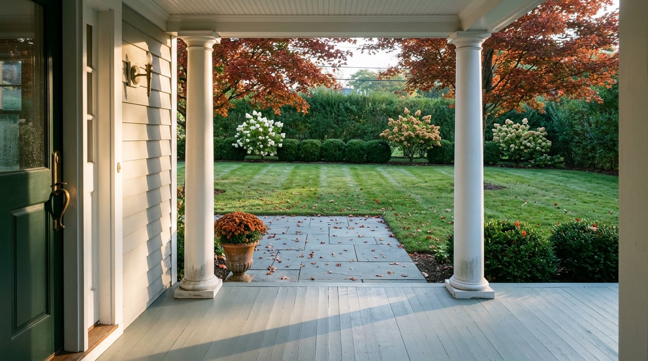 Covered porch with white columns and fallen maple leaves, facing a bluestone path and lawn.