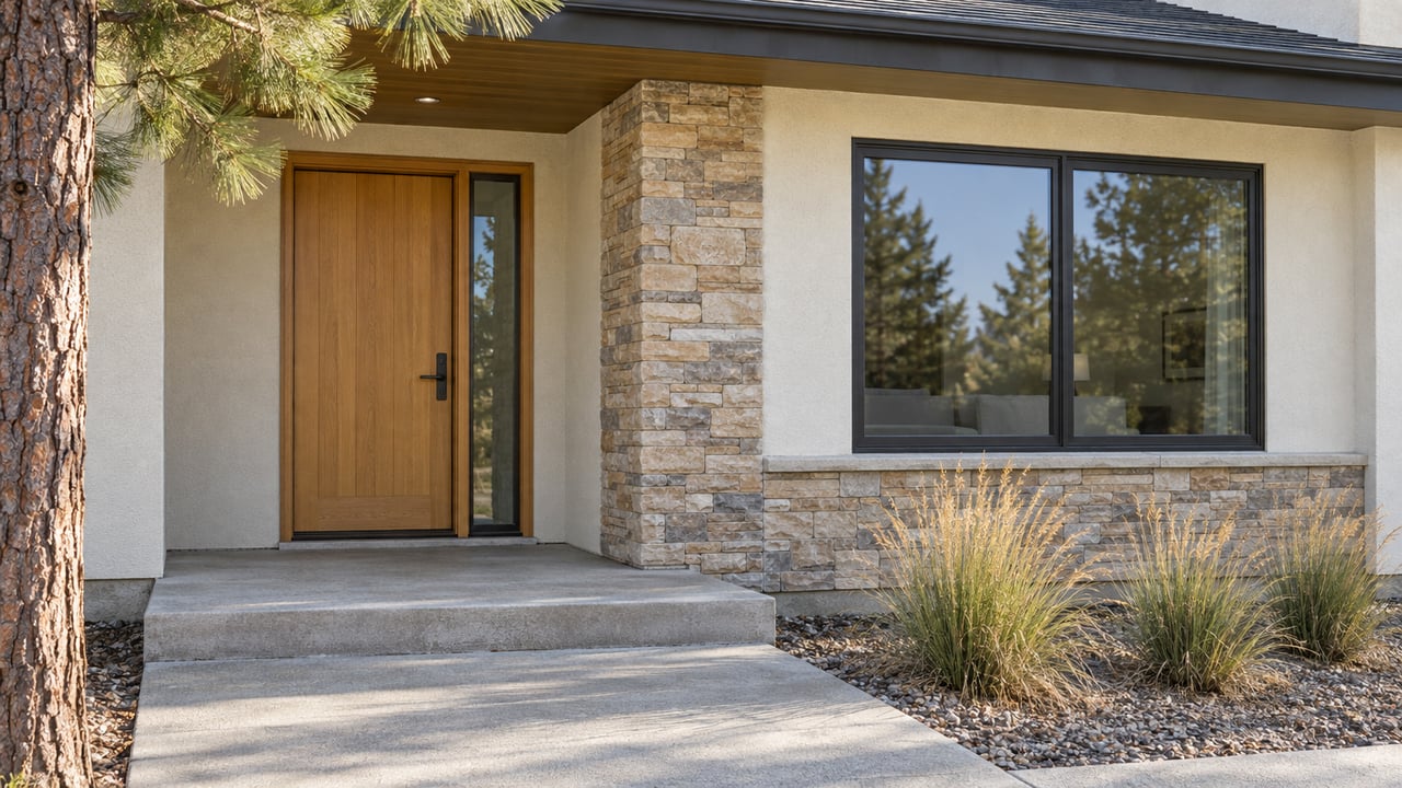 Cream stucco home entry with a wood door, dark-framed window, buff stone pier, and worn concrete approach beside tawny blue grama.