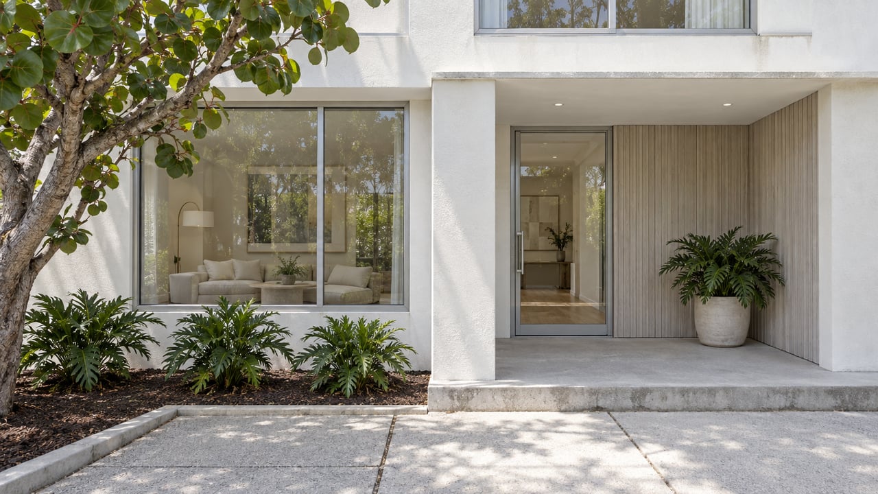 White stucco contemporary home with a shaded glass entry, pale concrete approach, and a sculptural sea grape tree.