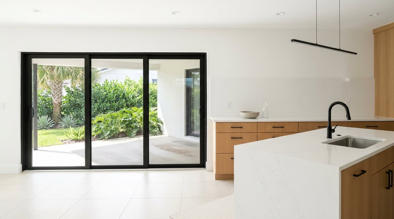 Kitchen island facing sliding glass doors.