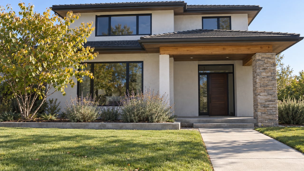 A white stucco home with black-framed windows, a stone-and-timber porch, a deep front lawn and a redbud beside the entry.