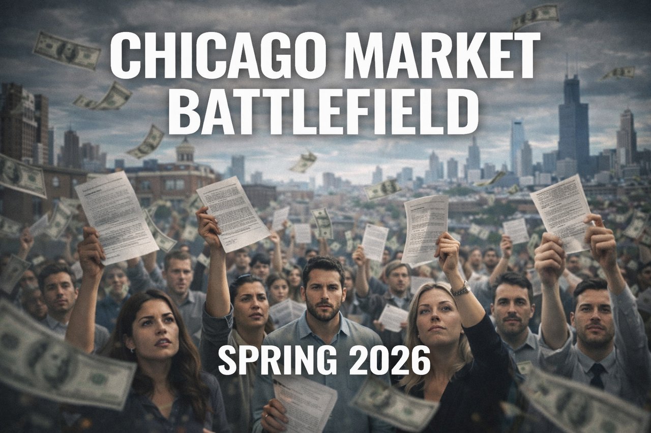 Chicago real estate market spring 2026, multiple buyers competing with offers in front of Chicago skyline