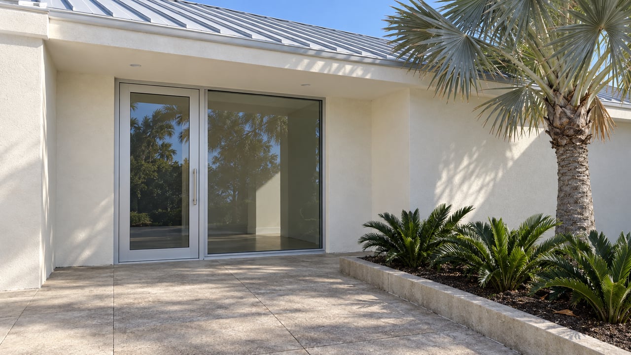 Cream stucco residence with a glazed entry, broad metal roof eave, concrete pavers and a silver-backed fan palm.