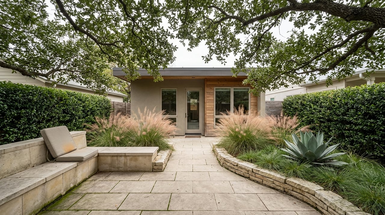 Limestone patio with a built-in bench, pink-tan grasses, and mature oak branches overhead.