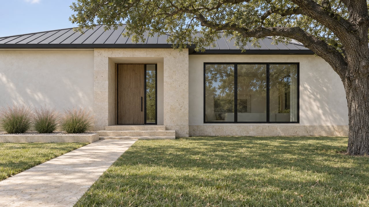 Contemporary white stucco home with a limestone entry, black-framed windows, a deep lawn and a mature spreading oak.
