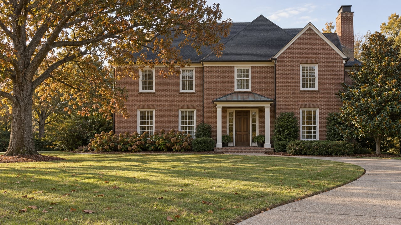 A broad brick home with dark gabled roofs, a curved driveway, and a deep autumn lawn shaded by a mature oak.