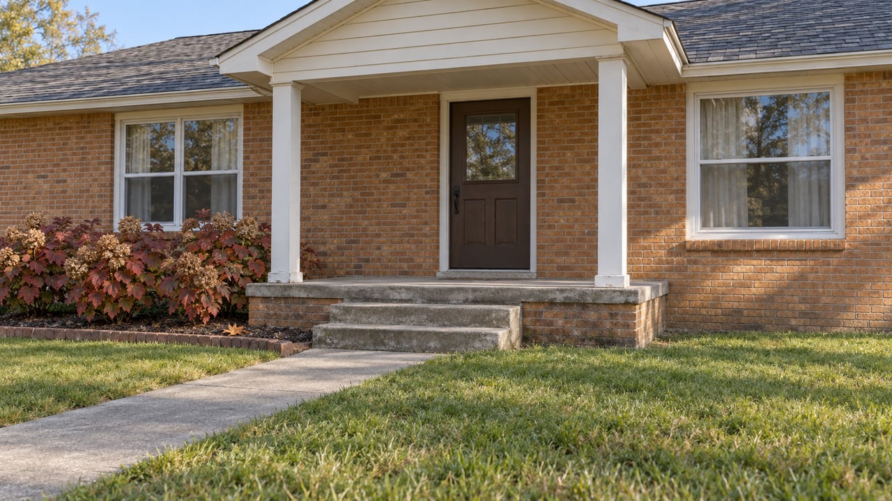 Brick house with a covered porch, concrete walkway, and autumn-colored shrubs.