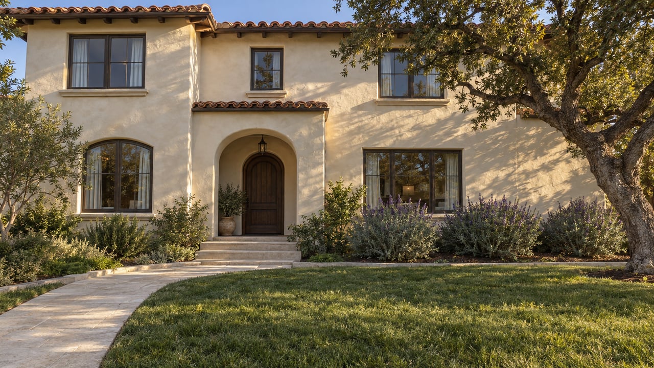 Two-story ivory stucco home with clay tile roof, recessed arched entry, limestone walk and a mature oak beside the front lawn.