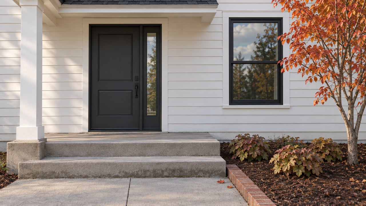White-sided home with a charcoal front door, black-framed window, concrete porch steps, and orange-red serviceberry foliage.