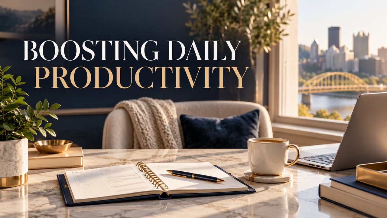 Boosting daily productivity, with a planner and coffee on a desk overlooking Pittsburgh.