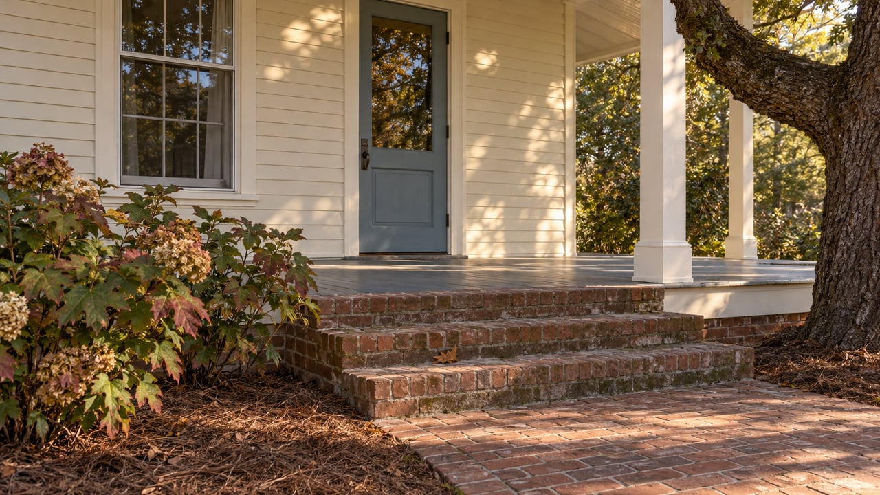 Warm afternoon light on an ivory clapboard porch with a blue-gray door, weathered brick steps, and an oak-shaded garden.