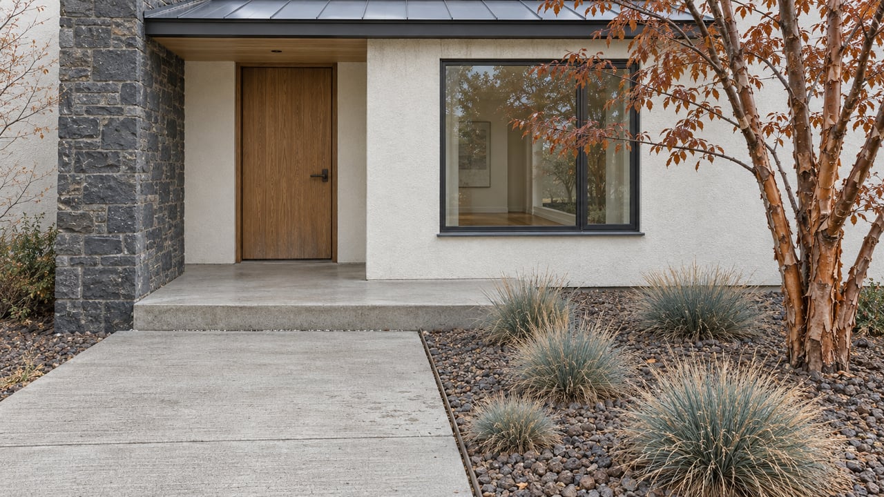 A recessed oak front door and broad window in a pale stucco home, beside a basalt pier and autumn planting along a concrete approach.