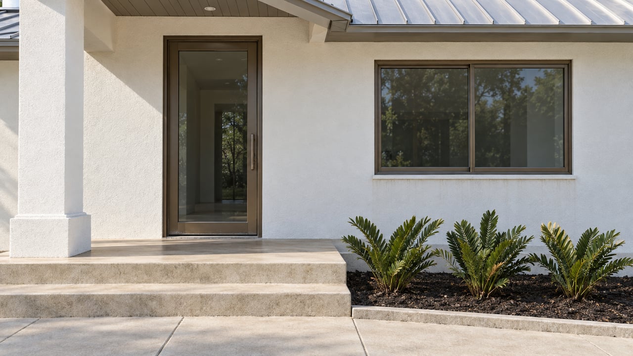 White stucco home entry beneath a pale metal gable, with bronze-framed glazing, broad concrete steps and three coontie plants.