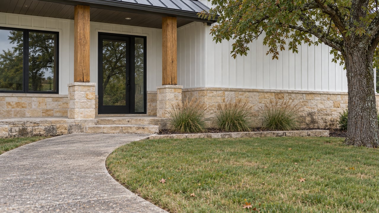 A limestone and white-sided home entry with black-framed glazing, oak porch posts and a broad concrete approach beside a mature oak.