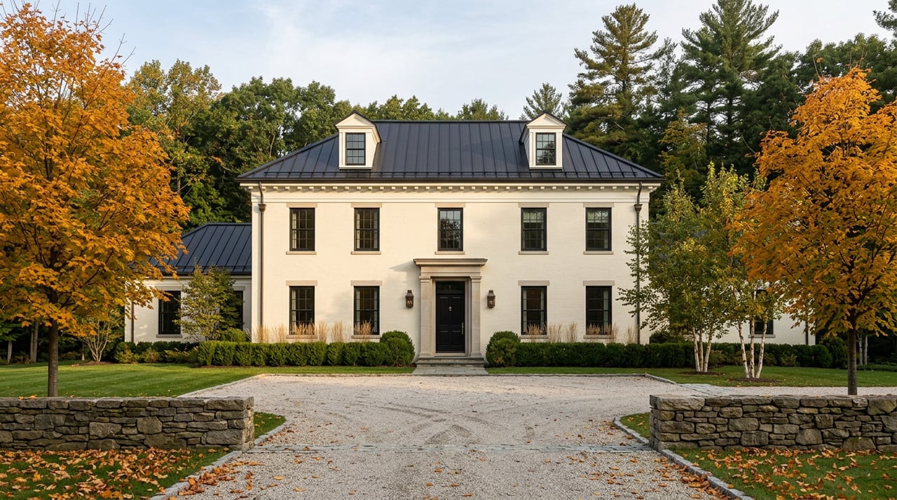 Symmetrical cream-brick home with black roof and dormers, framed by golden maples and evergreens beyond a gravel drive.