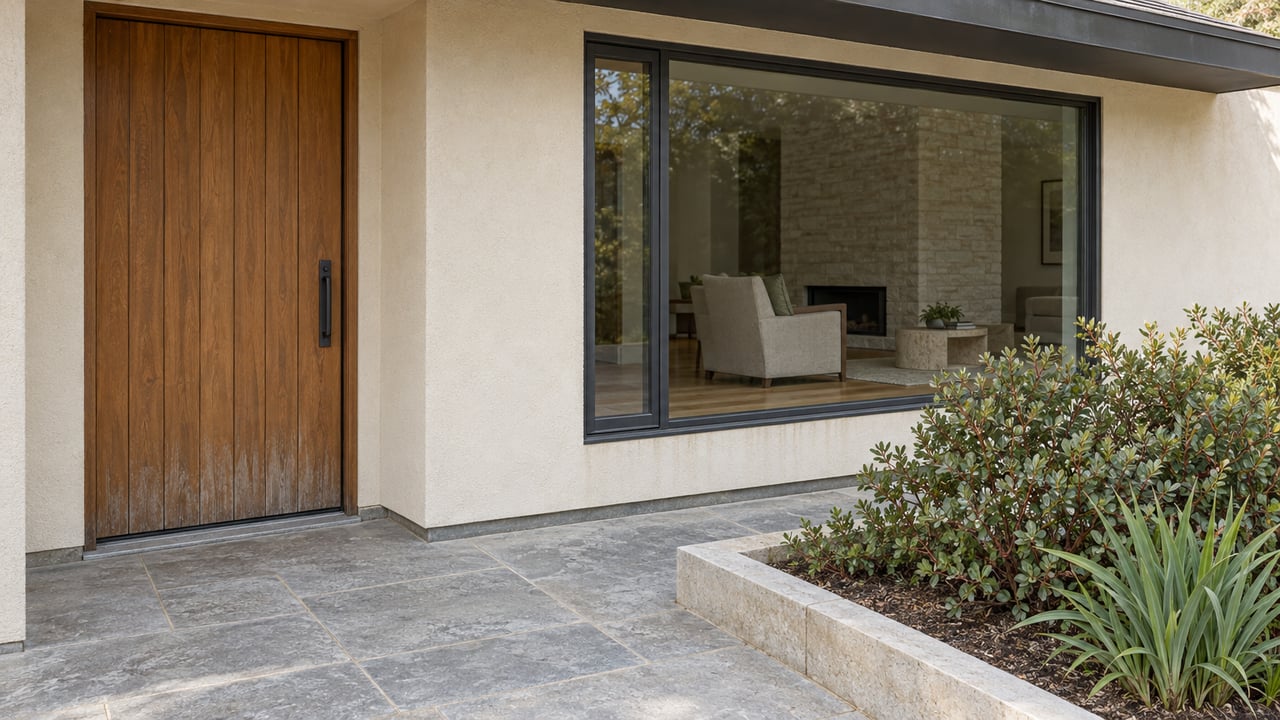 Cream stucco home entrance with a weathered cedar door, charcoal-framed window, gray stone landing, and a raised bed of manzanita and iris.