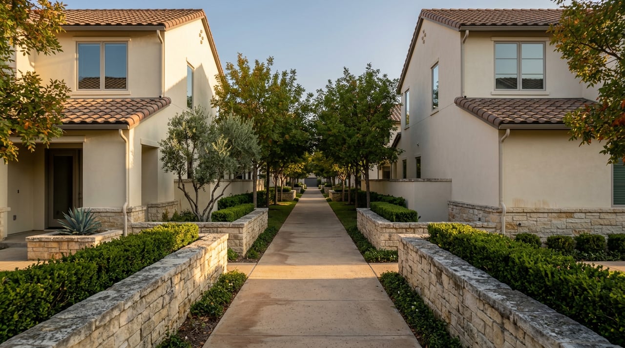 Paved paseo between stucco homes, with stone garden walls, clipped hedges, and rows of trees in warm evening light.