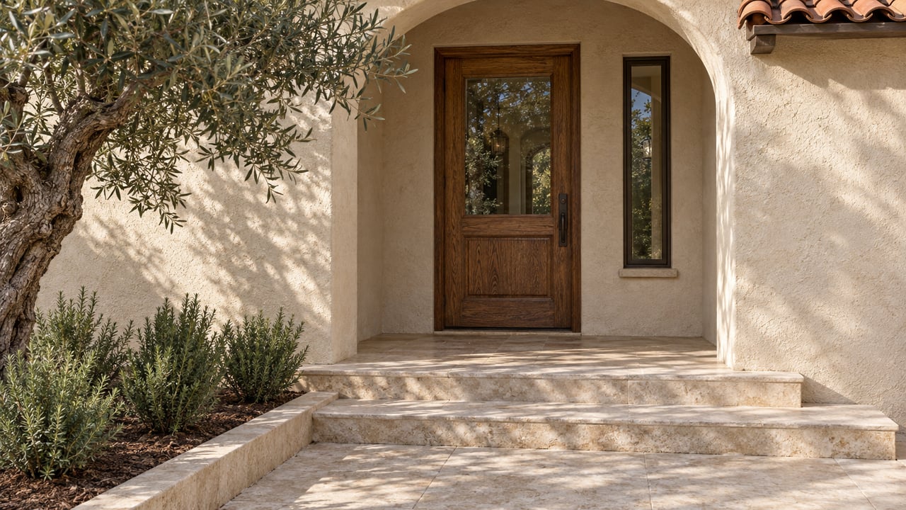 Warm stucco arched home entry with an oak-and-glass door, weathered clay roof tiles, limestone steps, and an olive tree beside rosemary planting.
