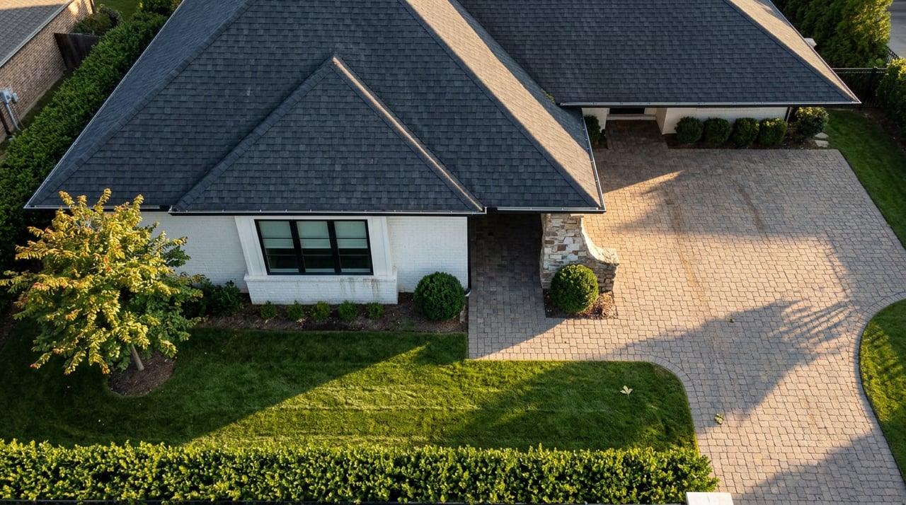 Custom home with intersecting dark shingle gables, white brick facade, curving paver motor court, and clipped hedge.