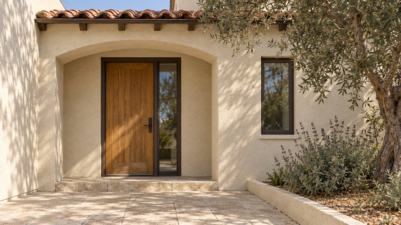 Cream stucco home entrance with a recessed oak door, red clay roof tiles, limestone paving and an olive tree beside a raised planting curb.
