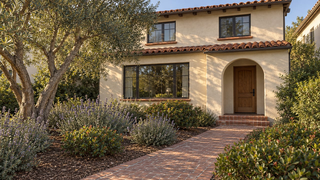 Warm stucco home with clay roof tiles, a recessed arched oak entry, brick approach and a mature olive tree in a spacious planted front garden.