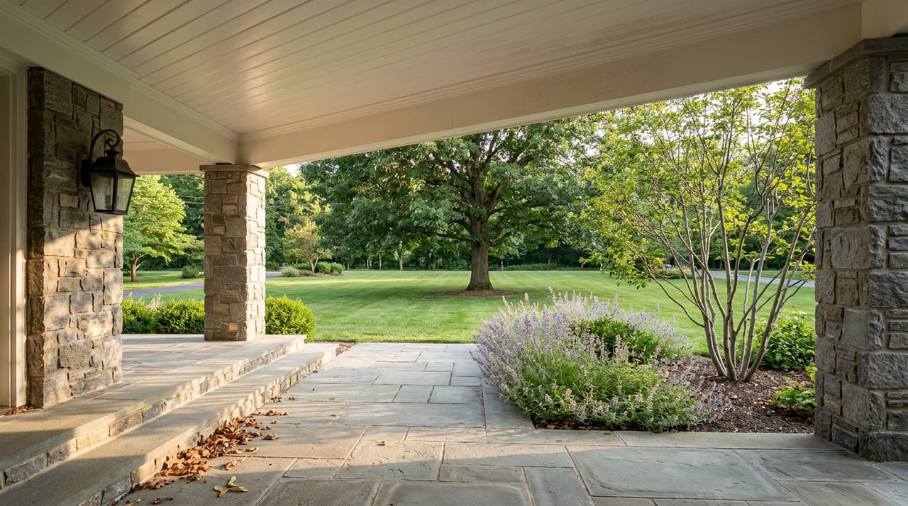Stone portico frames a lawn leading to a mature oak, with catmint beside bluestone steps.