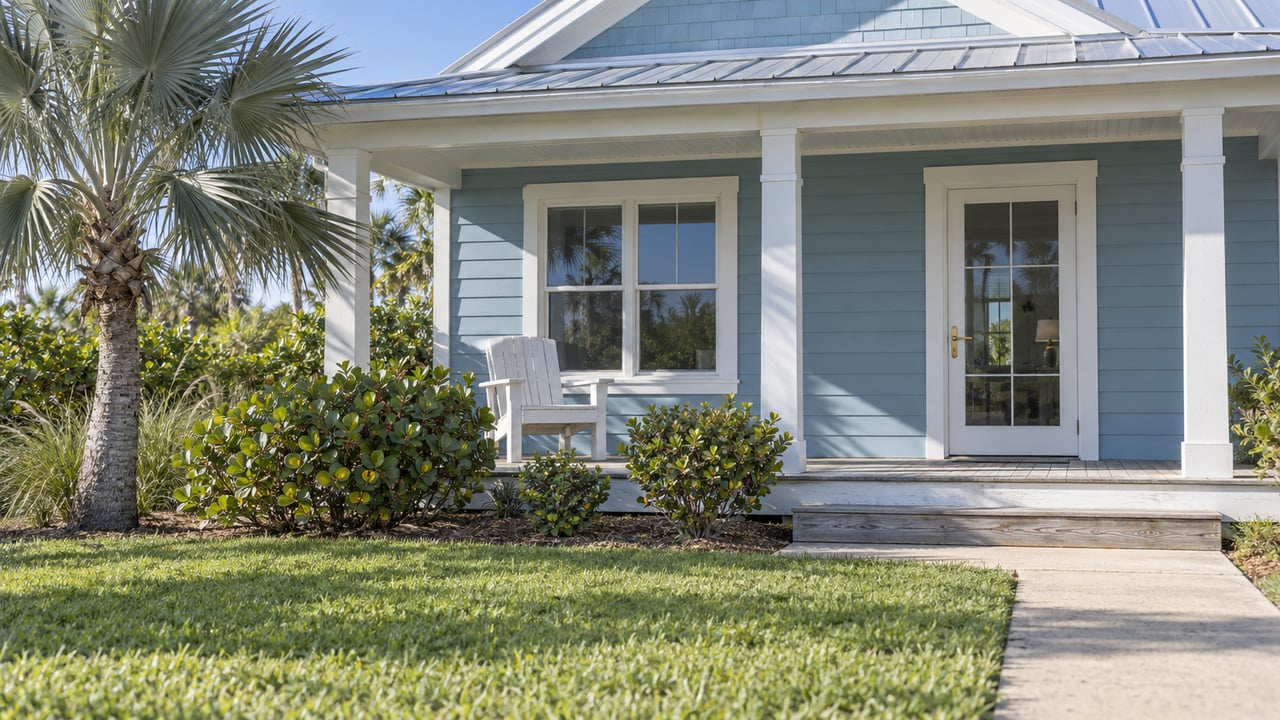 Sunlit sea-blue cottage with white porch trim, silvered wood decking, a fan palm and an open lawn approach.