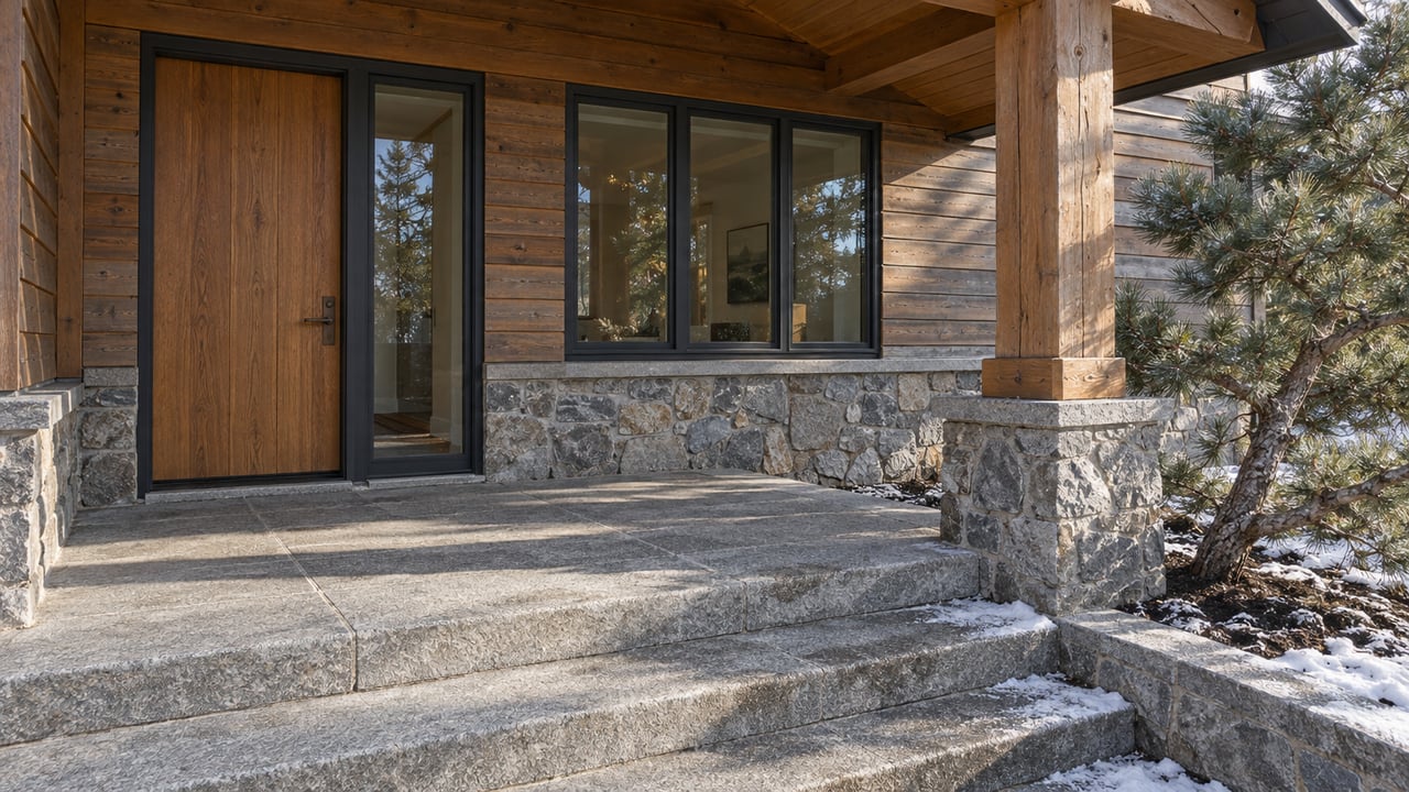 Winter sunlight on a timber-clad home's covered entry, with an oak door, stone steps, and a single sculptural pine beside a stone-based post.