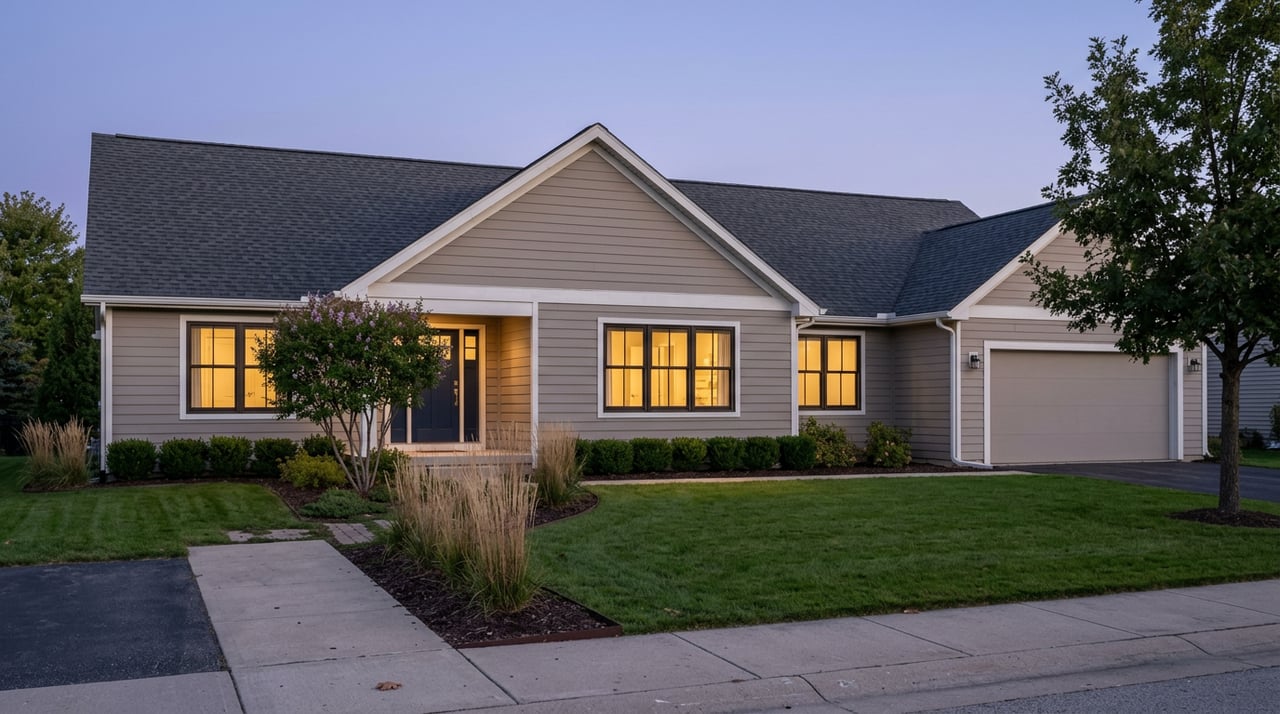 Suburban home at blue hour, warm light glowing through multi-pane windows above a broad lawn and paved walkway.