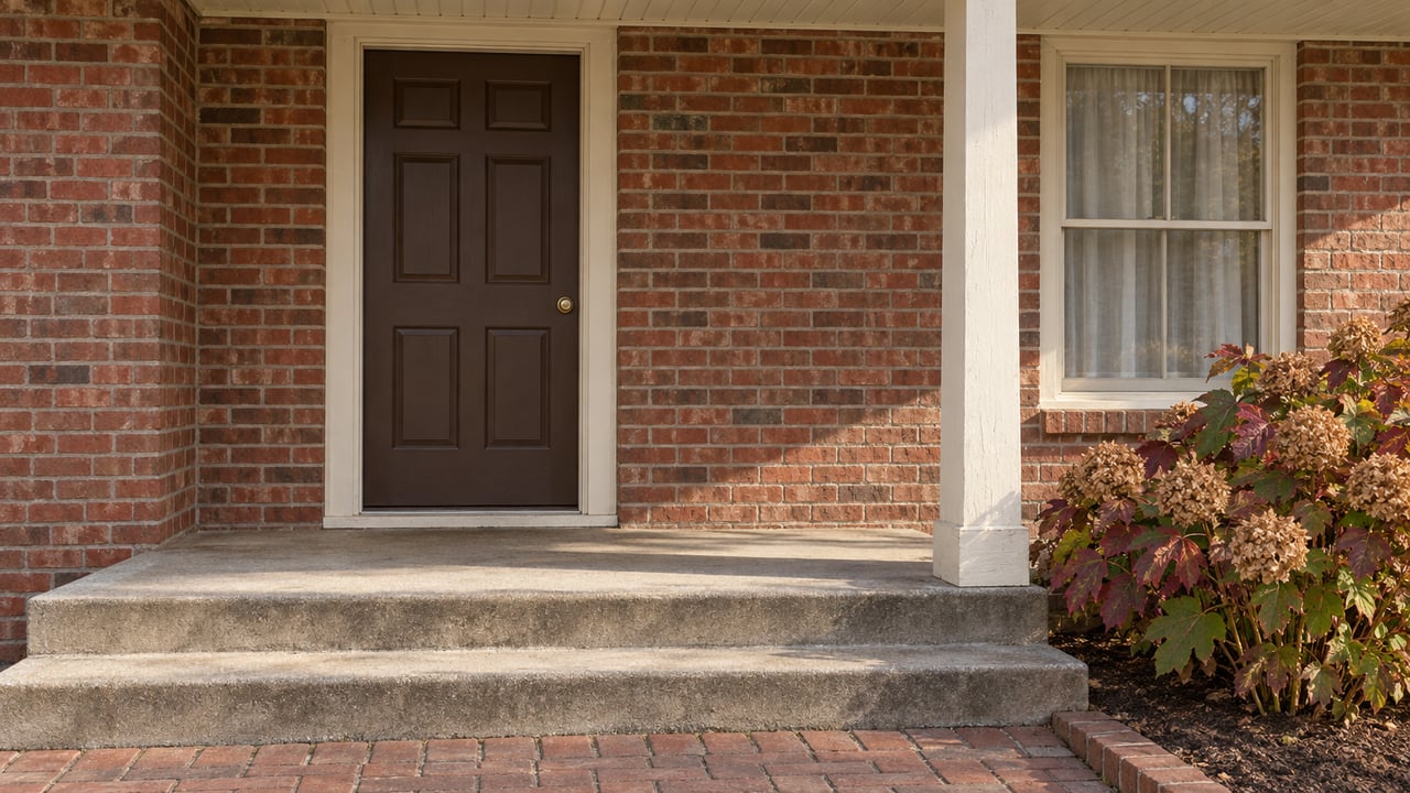 Sunlight crosses the concrete steps of a red brick home's covered porch beside an oakleaf hydrangea with autumn foliage.