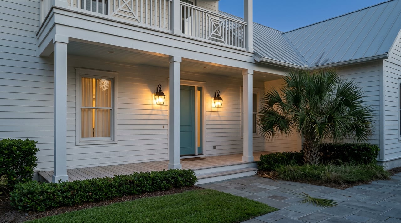 Teal-doored coastal porch with two glowing black lanterns, curtained window, and metal roof at dusk.