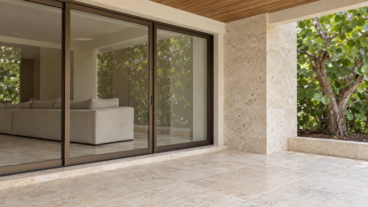 Covered limestone terrace with a warm wood soffit, bronze-framed closed glass doors and a sea grape tree beside a raised stone planting border.
