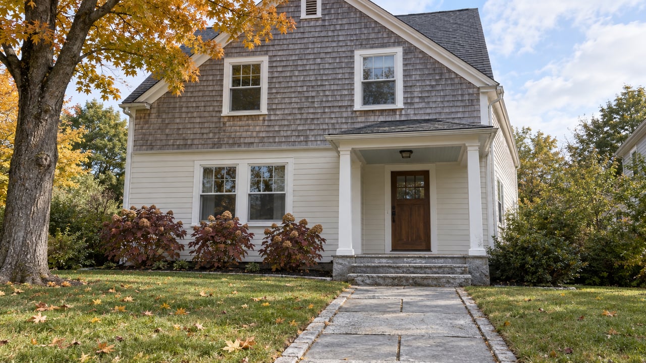 Cedar-shingle and clapboard home with a covered porch, granite walk, and autumn maple canopy.
