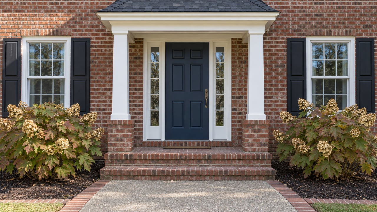 Brick home entrance with a navy door, white portico columns, paired shuttered windows and oakleaf hydrangeas beside brick steps.