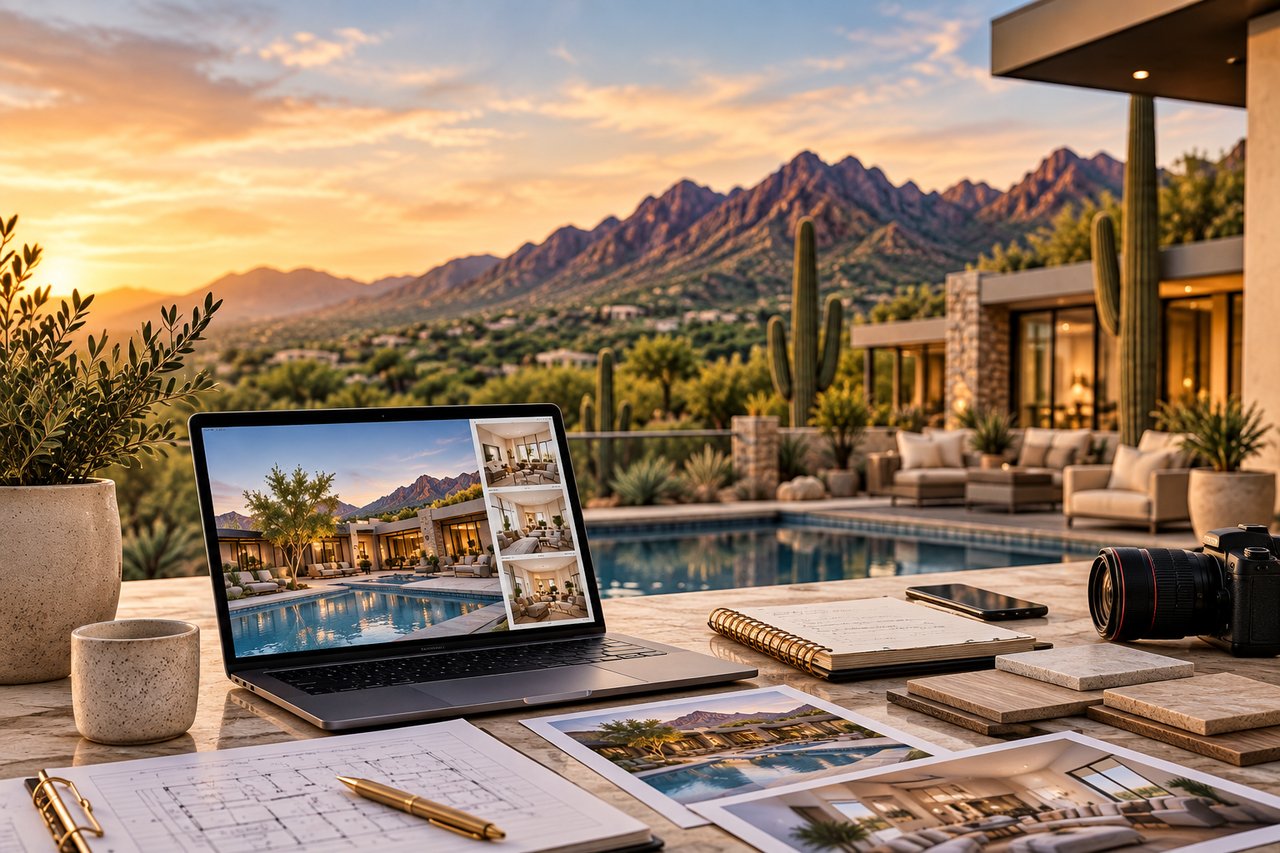 Real estate marketing materials and camera on a patio overlooking a modern desert home and pool.