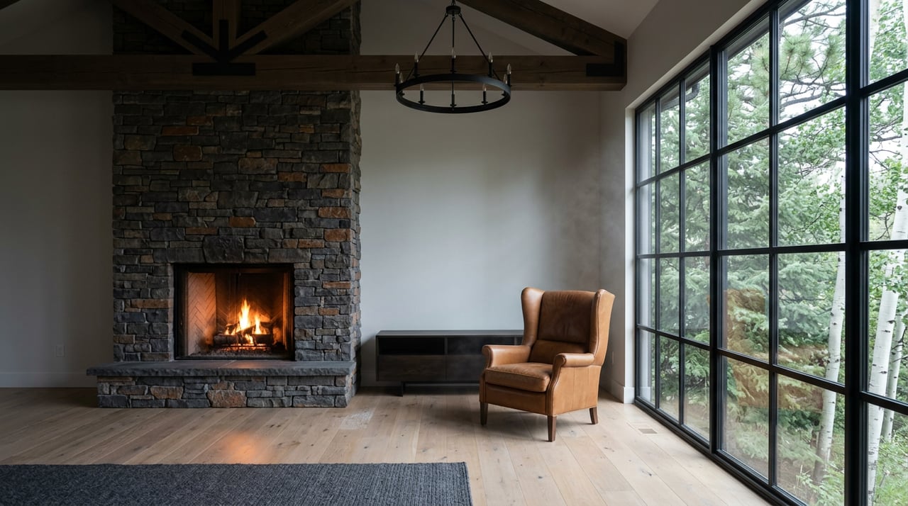 Great room with a lit stone fireplace, cognac leather chair, exposed timber trusses, and evergreen branches beyond steel-framed windows.