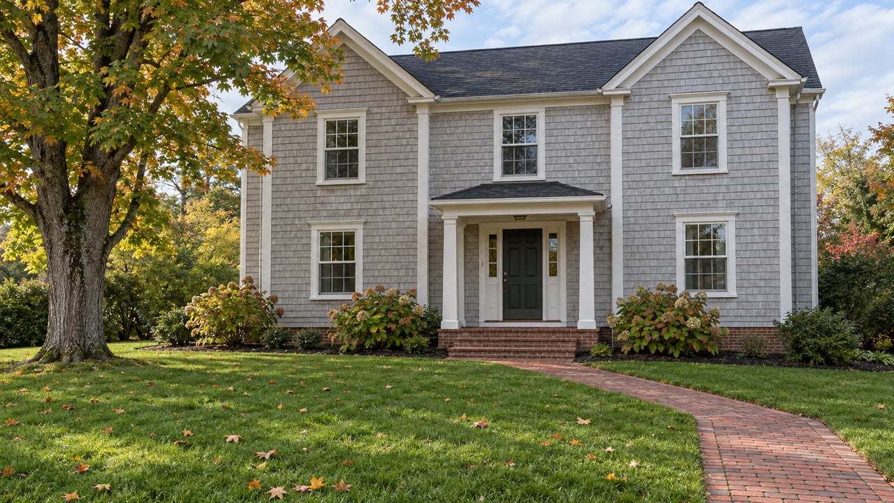 A cedar-shingle home with white trim and a brick entry walk beyond a deep lawn, framed by a mature maple with early autumn color.