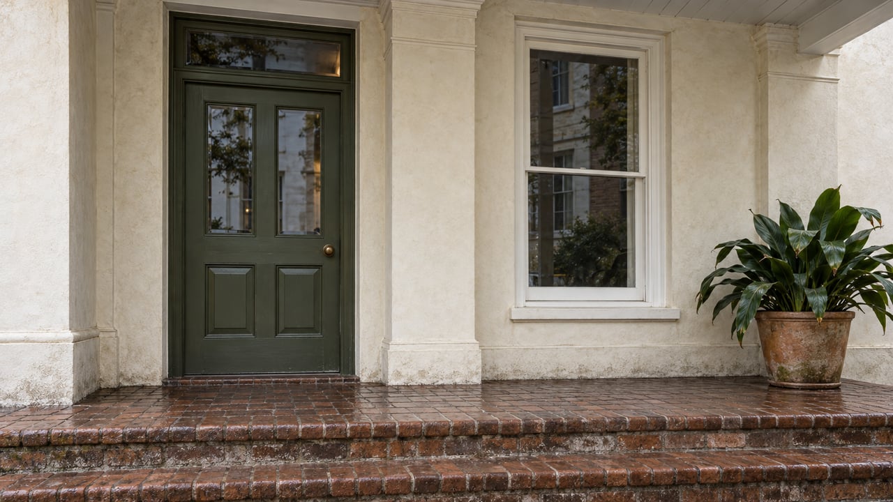 Ivory masonry entrance with an olive timber door, tall sash window, weathered brick steps and one terracotta planter.