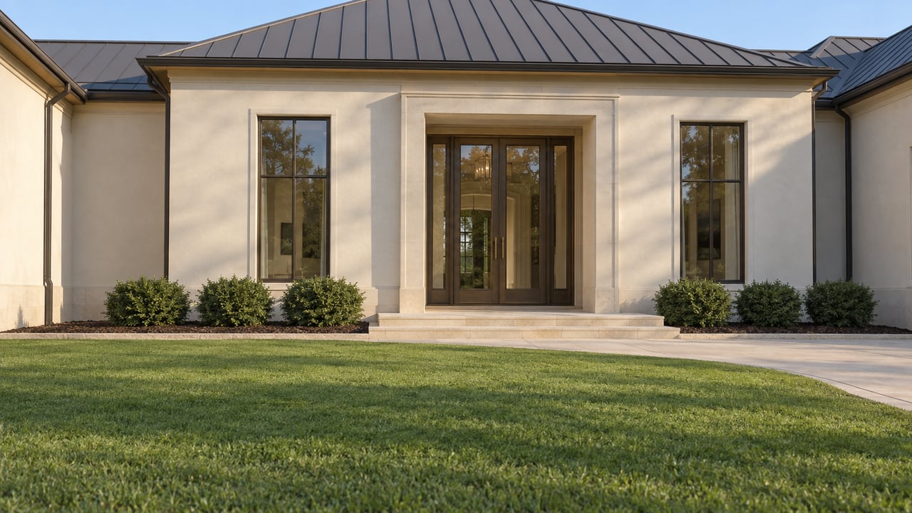 Sunlit estate entry with off-white stucco, bronze-framed windows, limestone steps, and a broad green lawn.